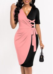 Pink Lace Up V Neck Bodycon Dress