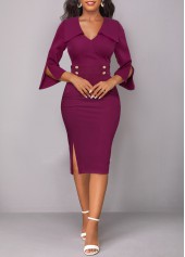 Split Dark Reddish Purple Button Bodycon Dress