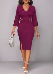 Split Dark Reddish Purple Button Bodycon Dress