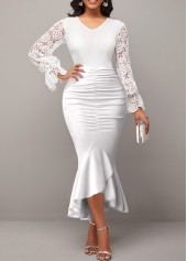 Lace Stitching V Neck White Bodycon Dress