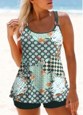 Geometric Print Metal Ring Green Tankini Set