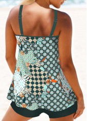 Geometric Print Metal Ring Green Tankini Set