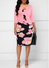 Floral Print Patchwork Pink Bodycon Dress