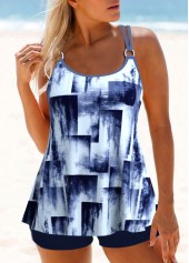Geometric Print Metal Ring Navy Tankini Set