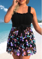 Floral Print Bowknot Black Swimdress Top-No Bottom
