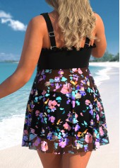 Floral Print Bowknot Black Swimdress Top-No Bottom