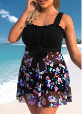Floral Print Bowknot Black Swimdress Top-No Bottom