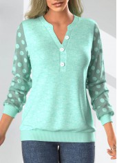 Mint Green Split Neck Long Sleeve Patchwork Sweatshirt