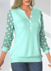 Mint Green Split Neck Long Sleeve Patchwork Sweatshirt