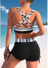 Striped Drawstring Black Double Straps Bikini Set