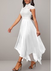 Lace Stand Collar Short Sleeve White Dress