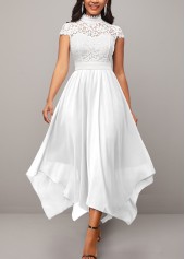 Lace Stand Collar Short Sleeve White Dress