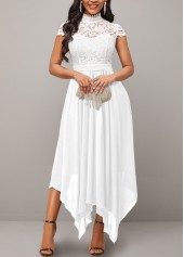 Lace Stand Collar Short Sleeve White Dress