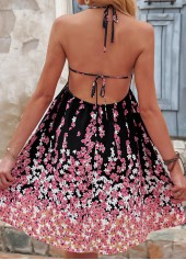 Floral Print Tie Black Halter Sleeveless Dress