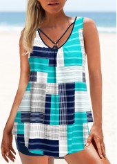 Geometric Print Metal Ring Cyan Tankini Set