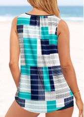 Geometric Print Metal Ring Cyan Tankini Set