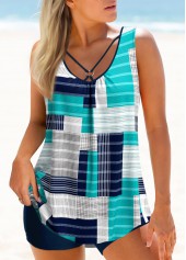 Geometric Print Metal Ring Cyan Tankini Set