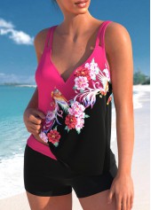 Floral Print Double Straps Hot Pink Tankini Set