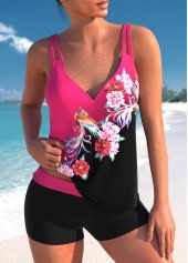 Floral Print Double Straps Hot Pink Tankini Set