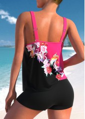 Floral Print Double Straps Hot Pink Tankini Set