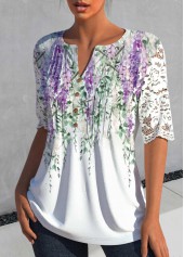 Floral Print Lace White Half Sleeve Split Neck Blouse