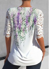 Floral Print Lace White Half Sleeve Split Neck Blouse