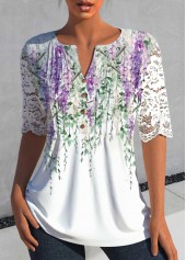 Floral Print Lace White Half Sleeve Split Neck Blouse