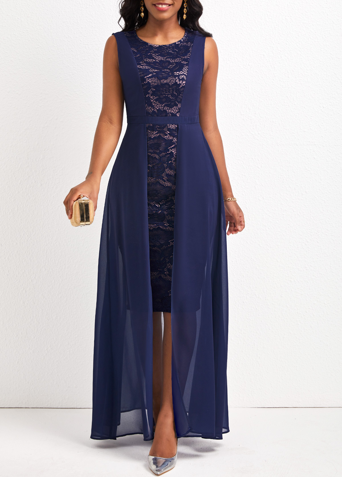 Lace Navy Sleeveless Round Neck Maxi Dress | Rosewe.com - USD $38.98