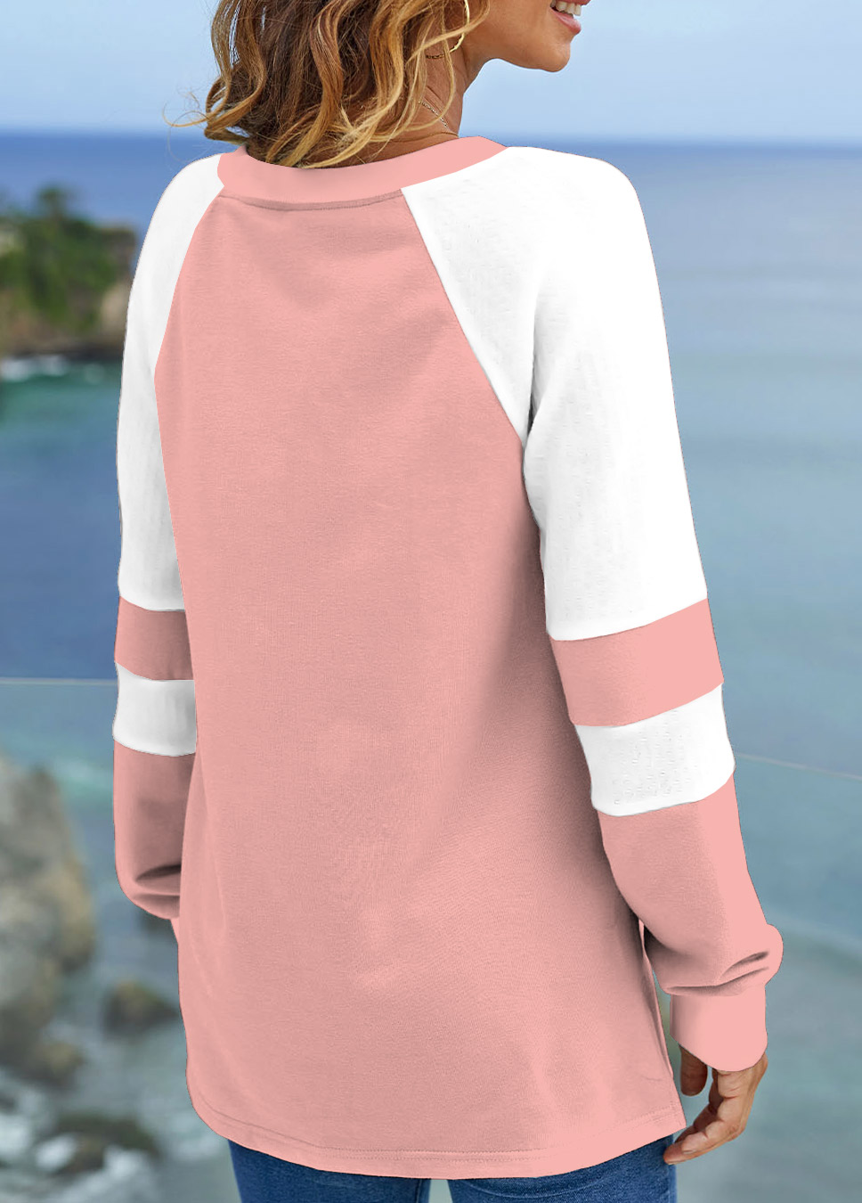 Letter Print Patchwork Light Pink V Neck Sweatshirt