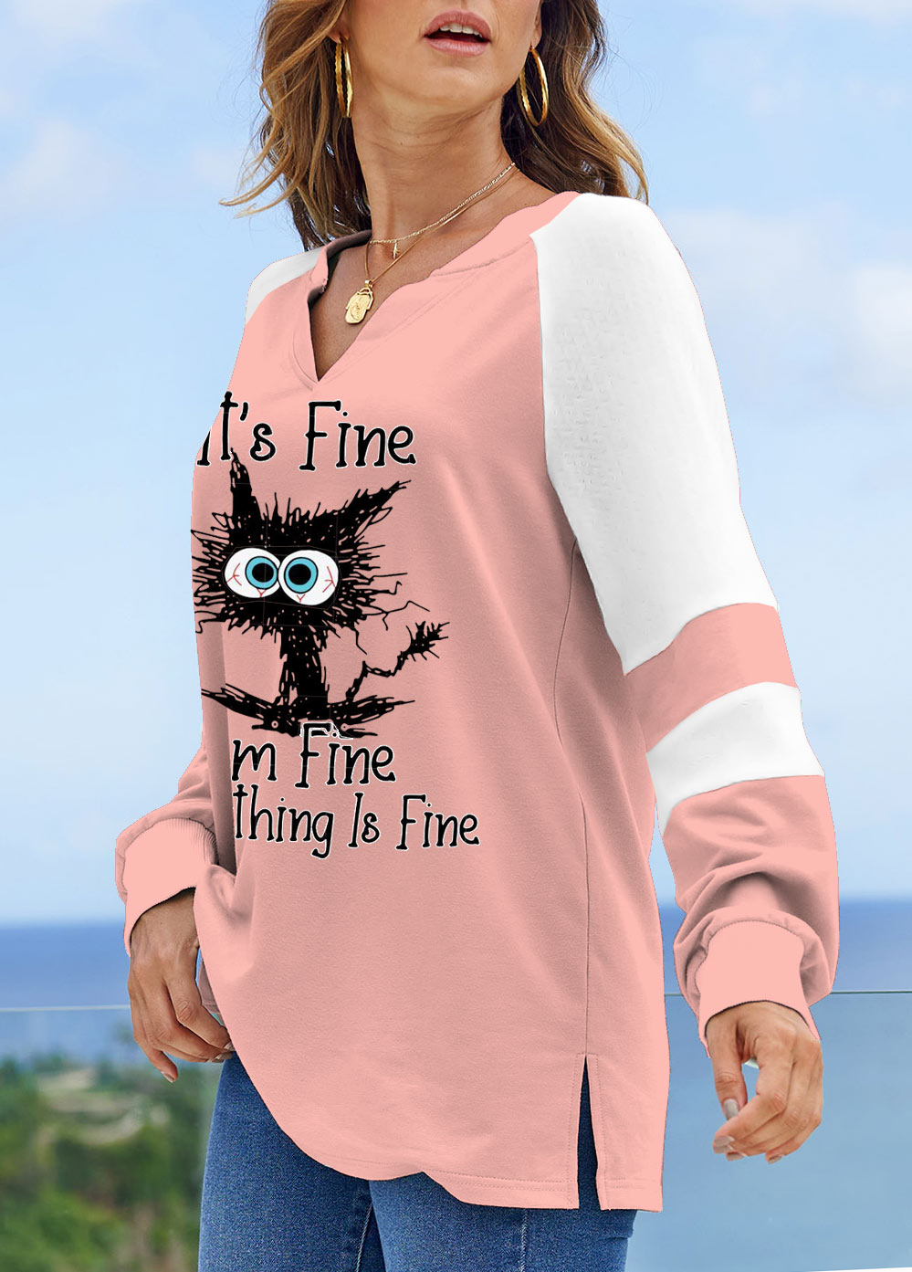 Letter Print Patchwork Light Pink V Neck Sweatshirt