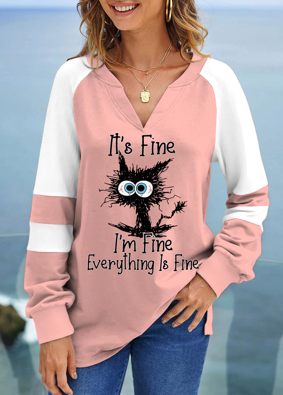 Letter Print Patchwork Light Pink V Neck Sweatshirt