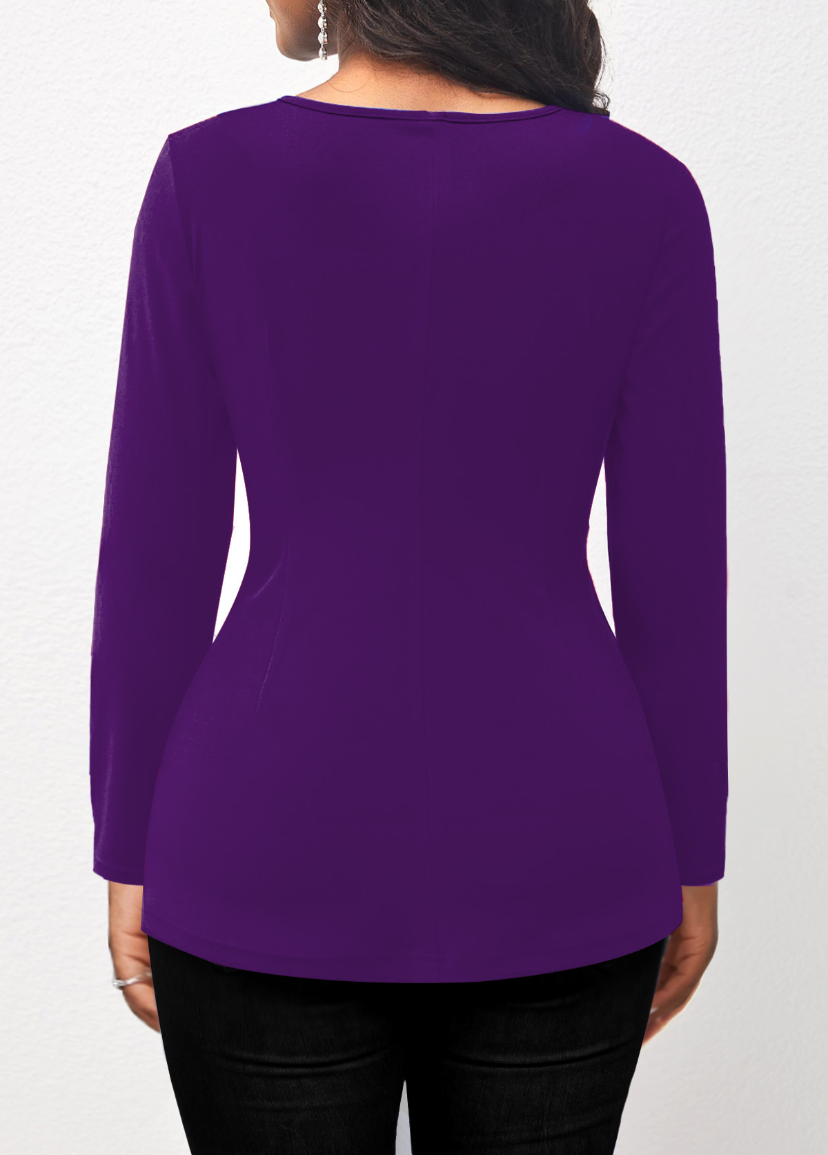 Surplice Cross Collar Purple Long Sleeve T Shirt