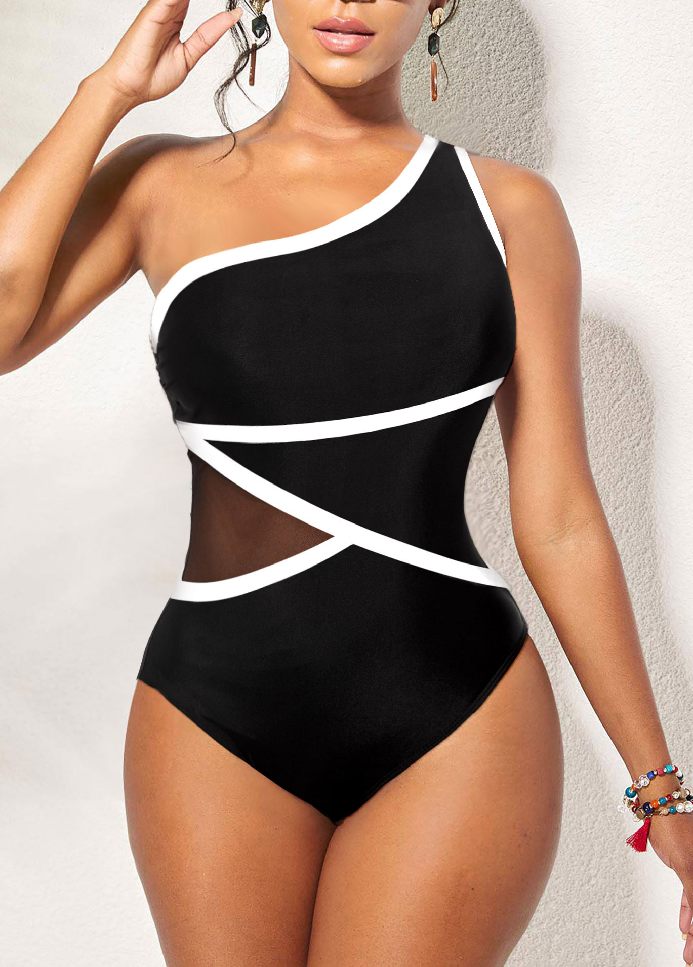 Contrast Binding Black Asymmetric One Piece Swimwear