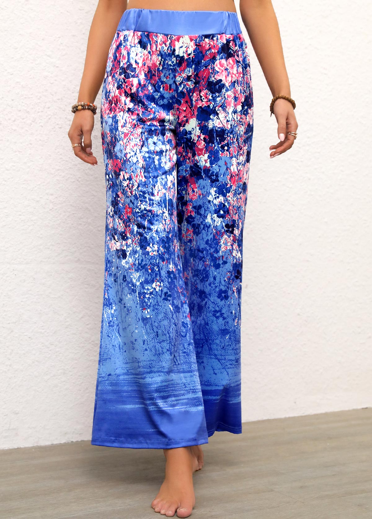 Ditsy Floral Print Elastic Waist Blue Pants