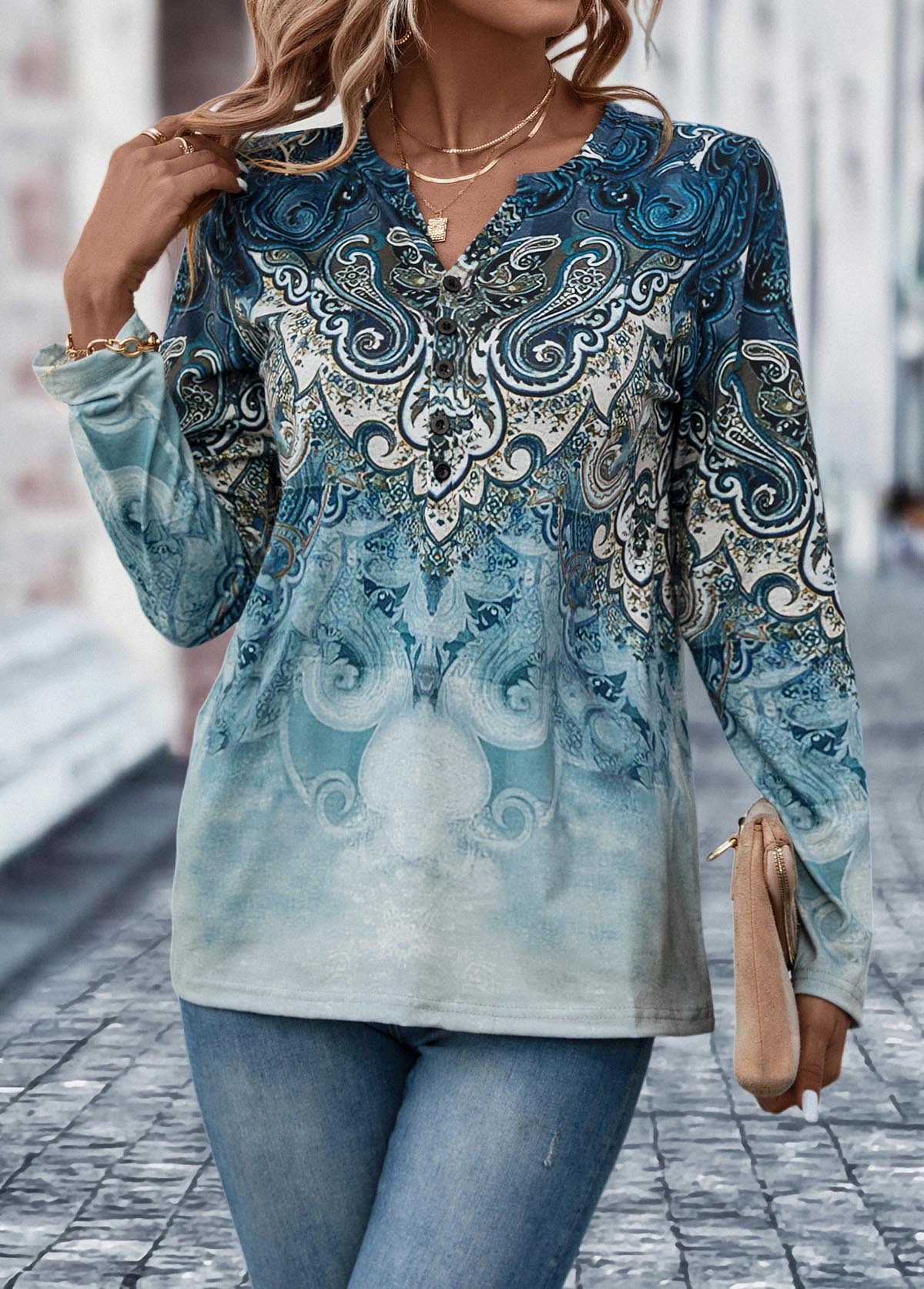 Tribal Print Button Dusty Blue T Shirt