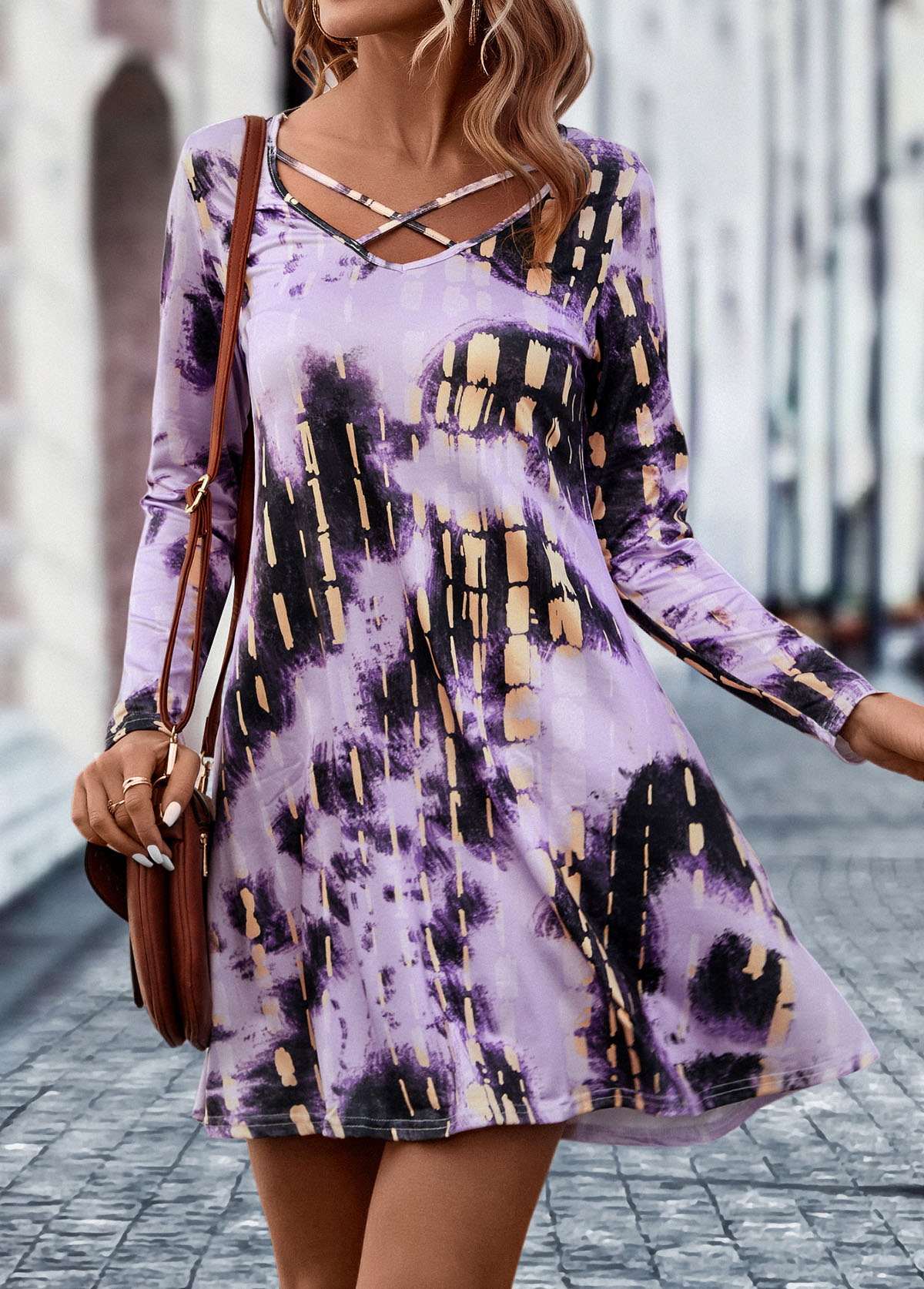 Tie Dye Print Criss Cross Purple Dress