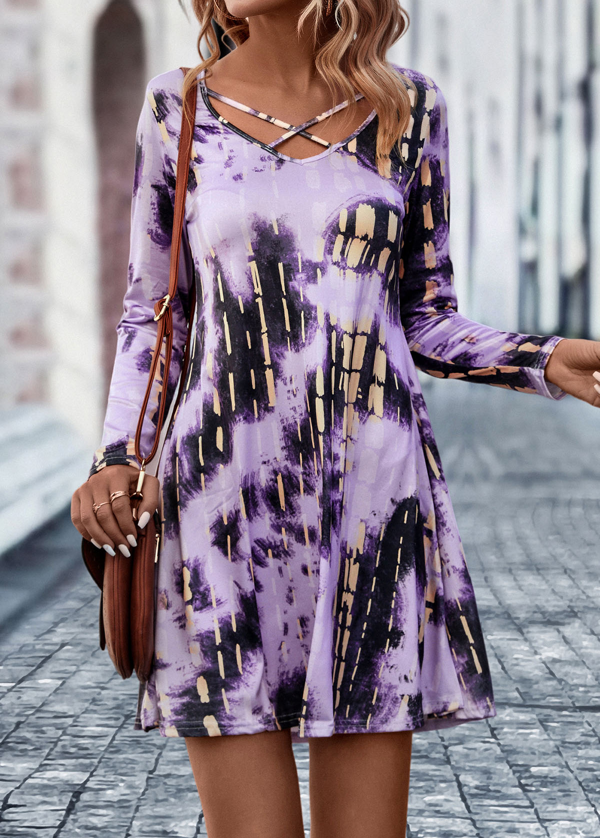 Tie Dye Print Criss Cross Purple Dress