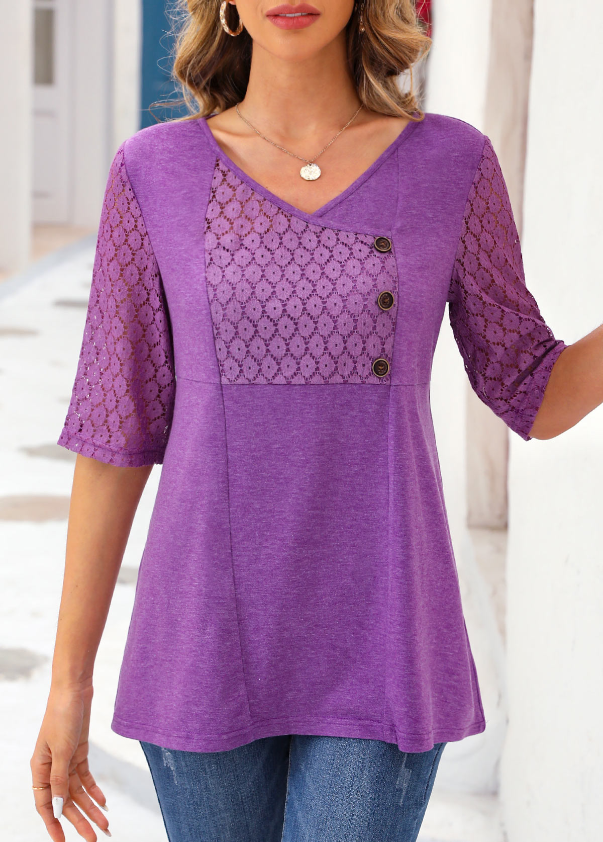 Purple V Neck Half Sleeve Lace T Shirt USD 24.98