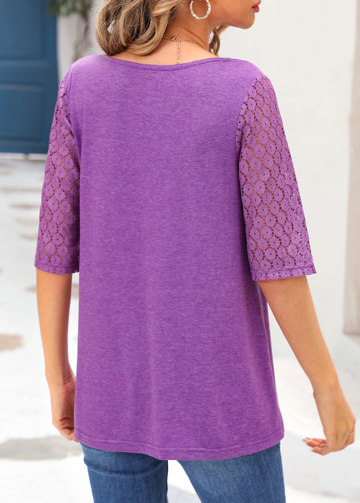 Purple V Neck Half Sleeve Lace T Shirt