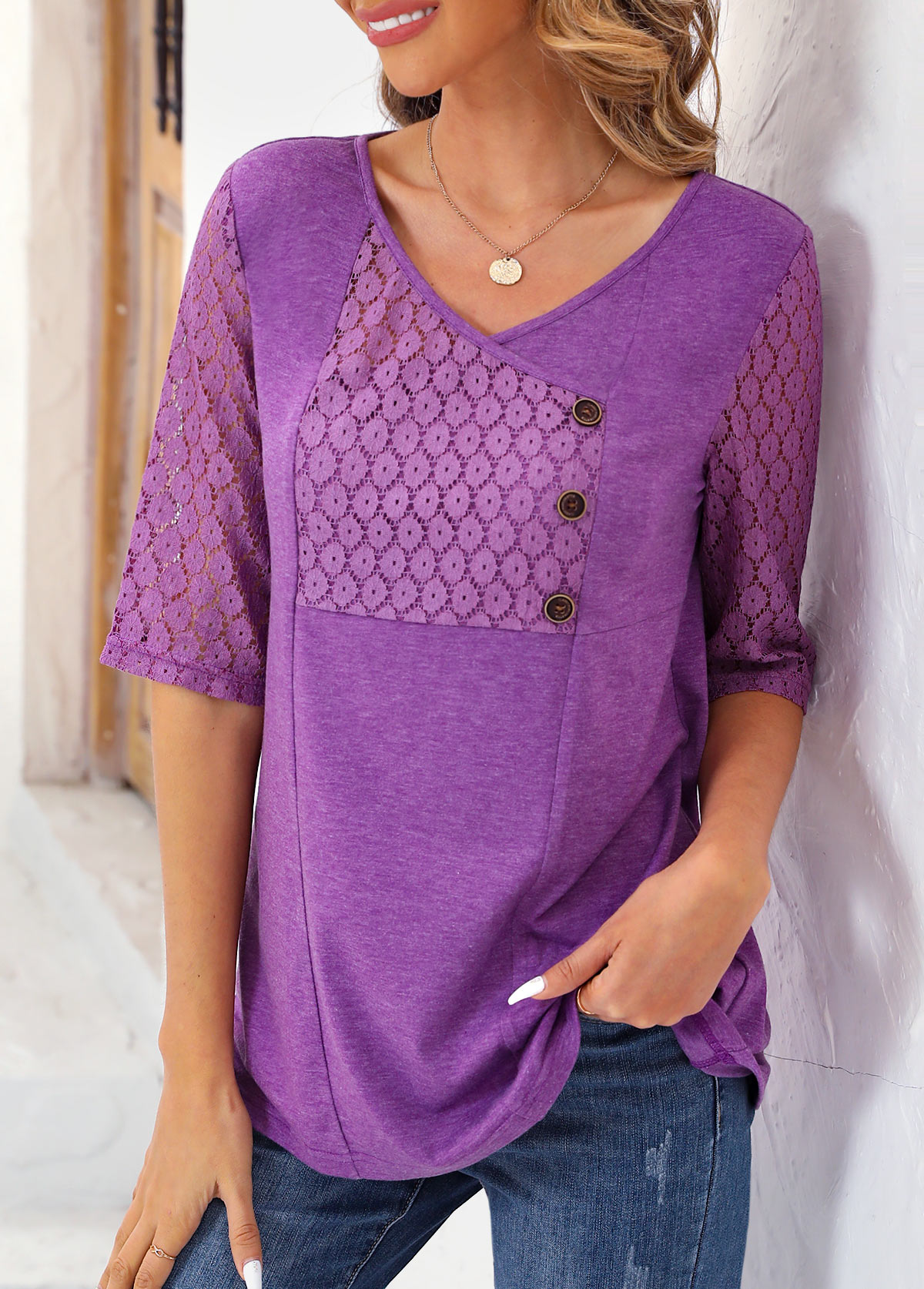 Purple V Neck Half Sleeve Lace T Shirt