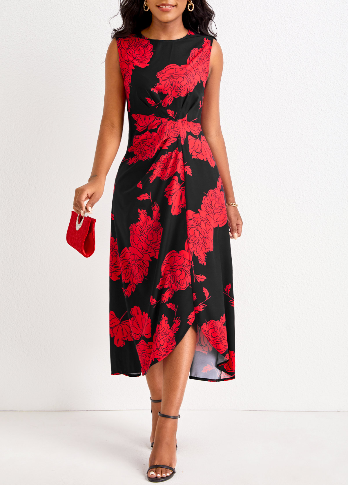 Floral Print Asymmetry Red Round Neck Sleeveless Dress