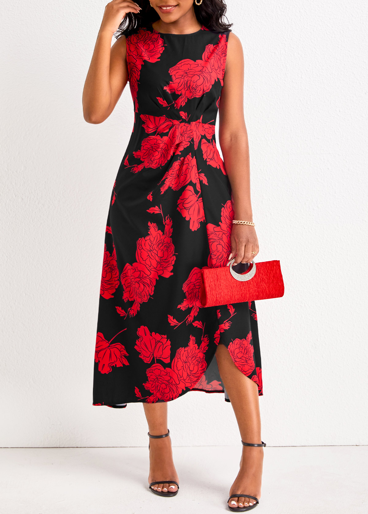 Floral Print Asymmetry Red Round Neck Sleeveless Dress