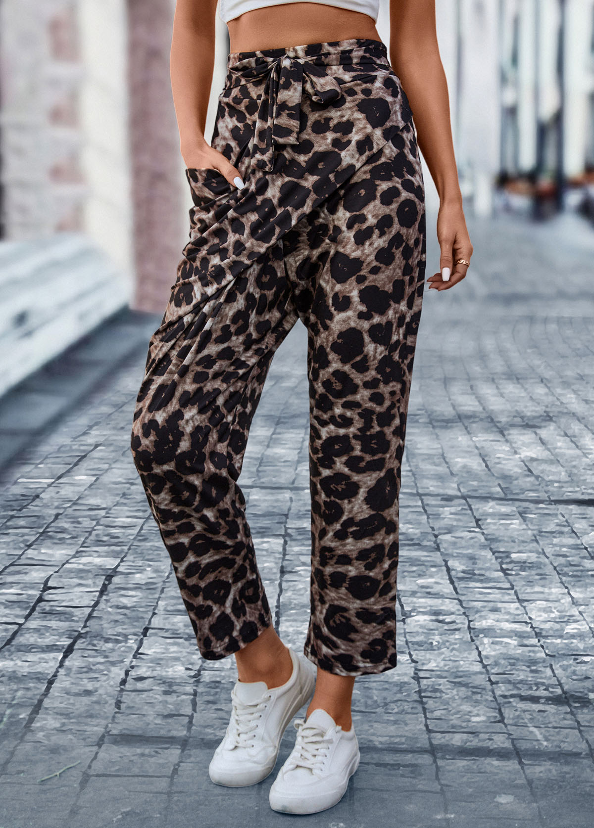 Leopard Pocket Dark Coffee Belted Elastic Waist Pants