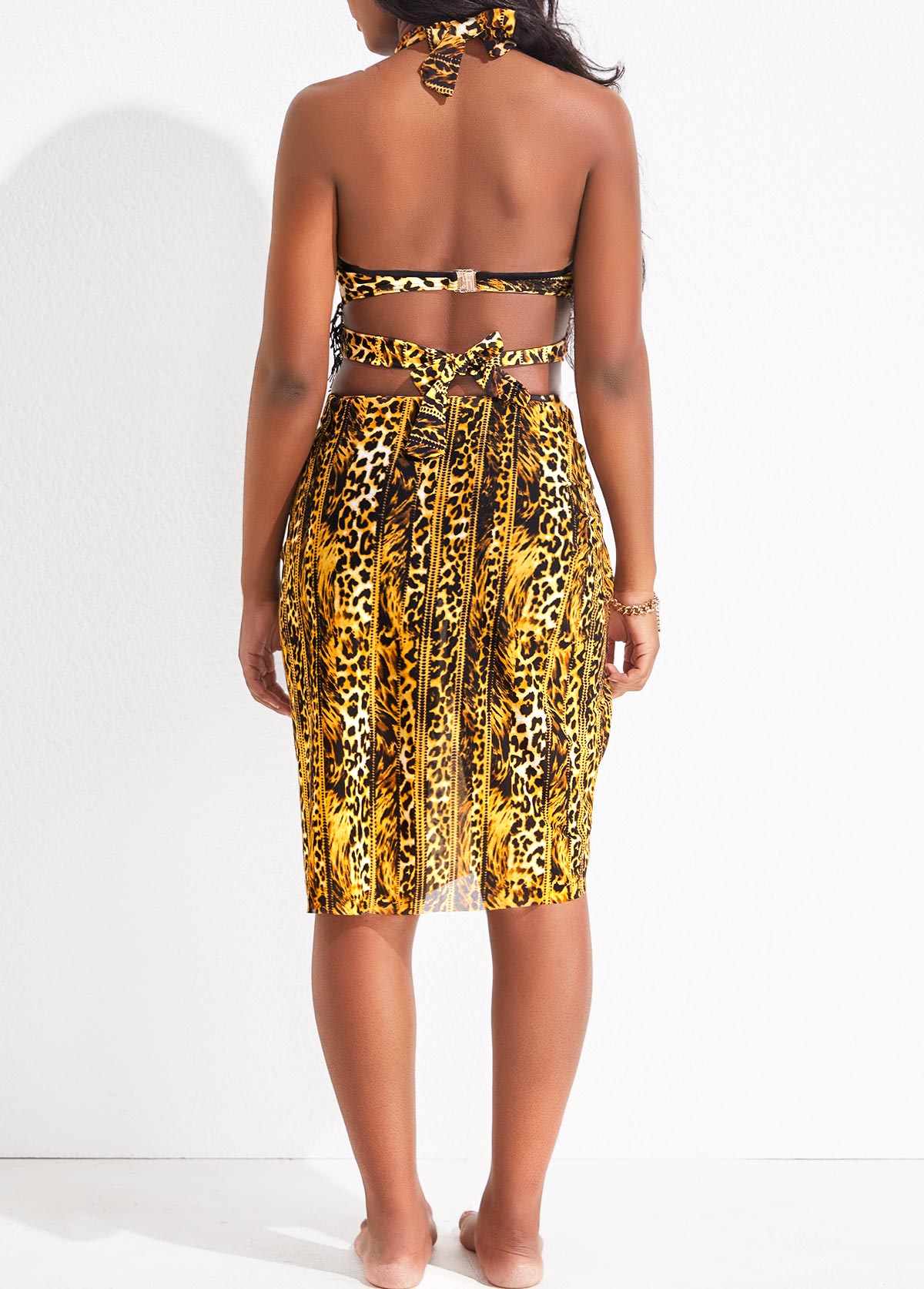 Leopard Criss Cross Gold Bikini Set and Cover Up