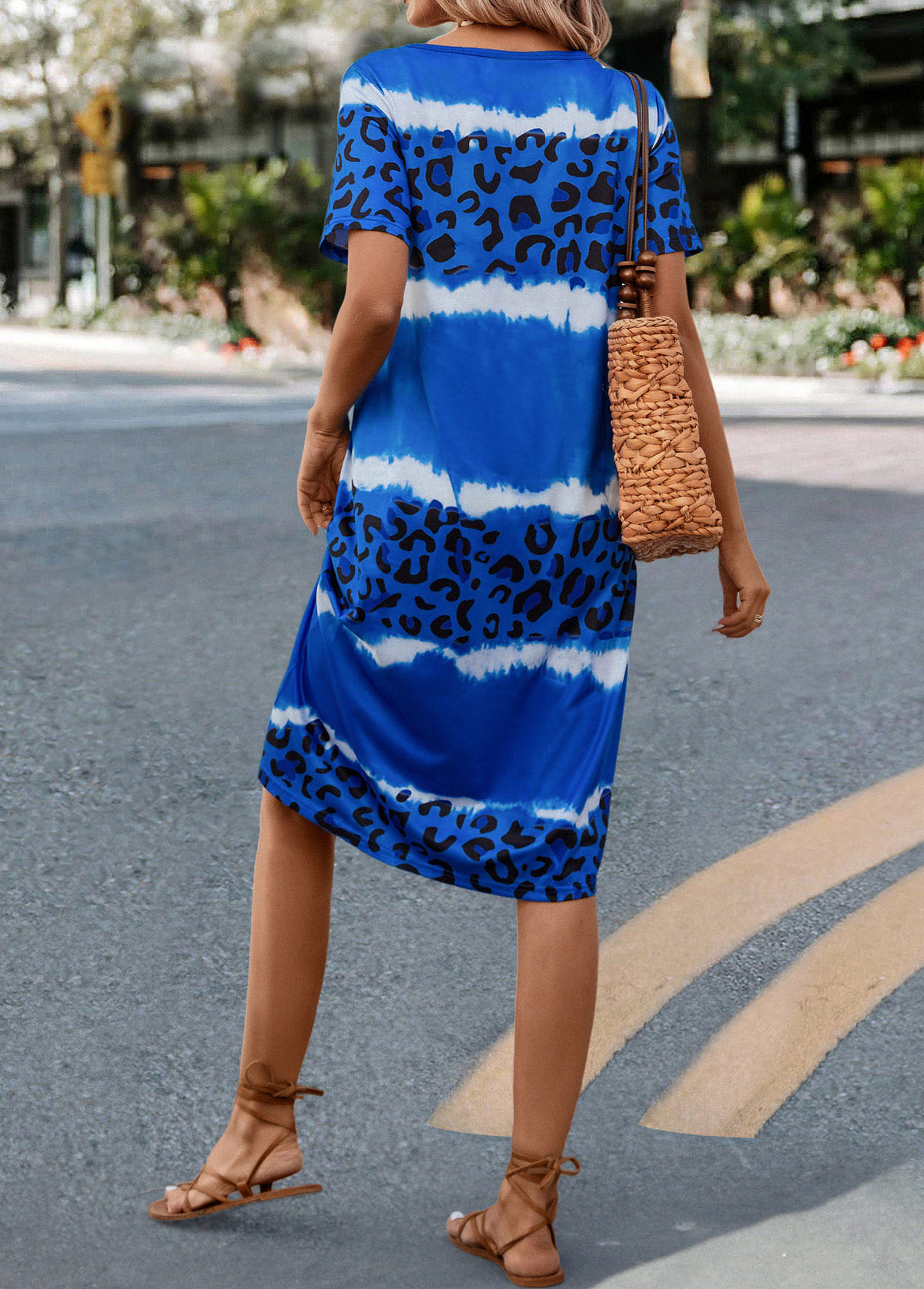 Blue H Shape V Neck Leopard Dress