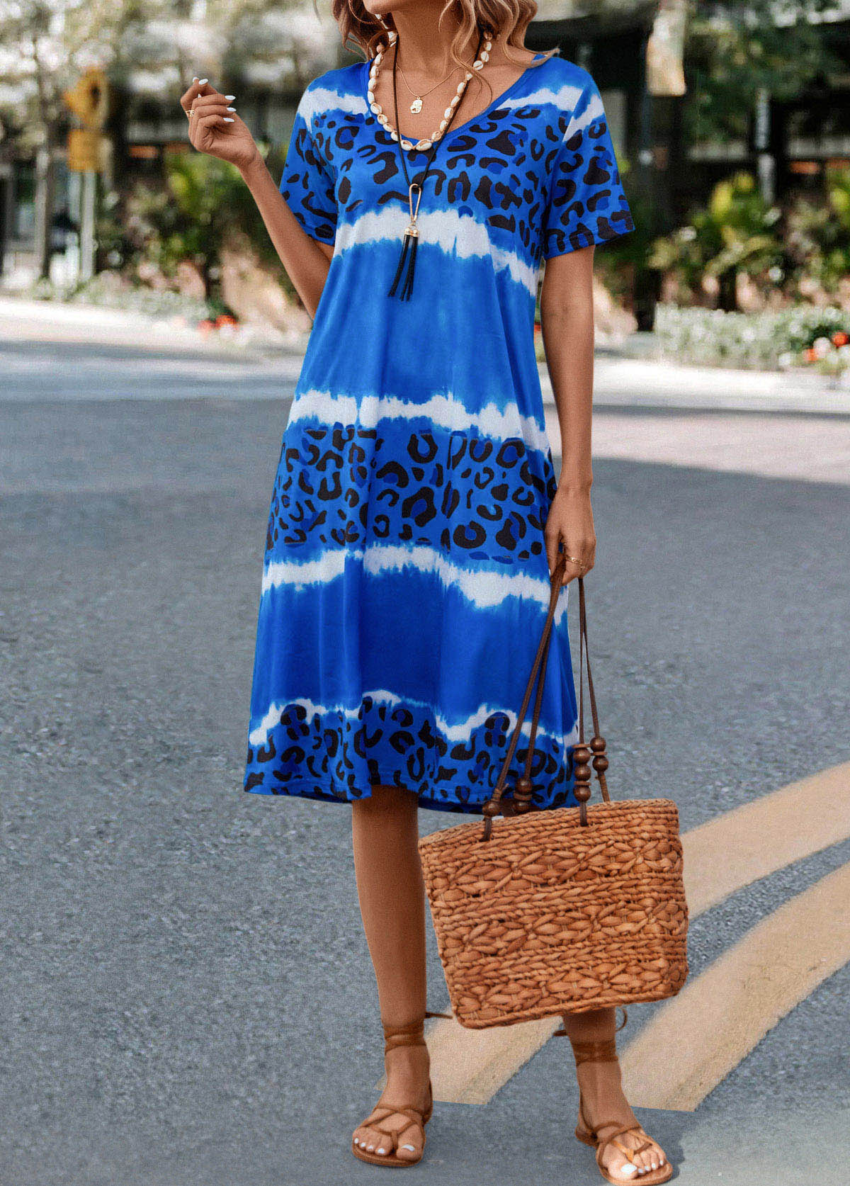 Blue H Shape V Neck Leopard Dress