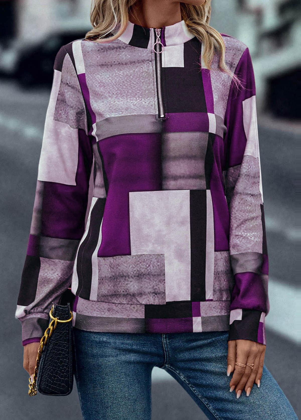 Geometric Print Zipper Purple Turn Down Collar Sweatshirt