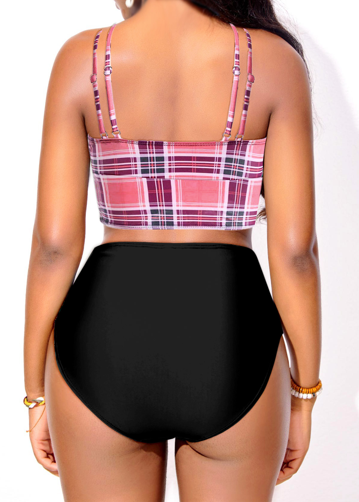 Plaid Double Straps Pink Bikini Top-No Bottom