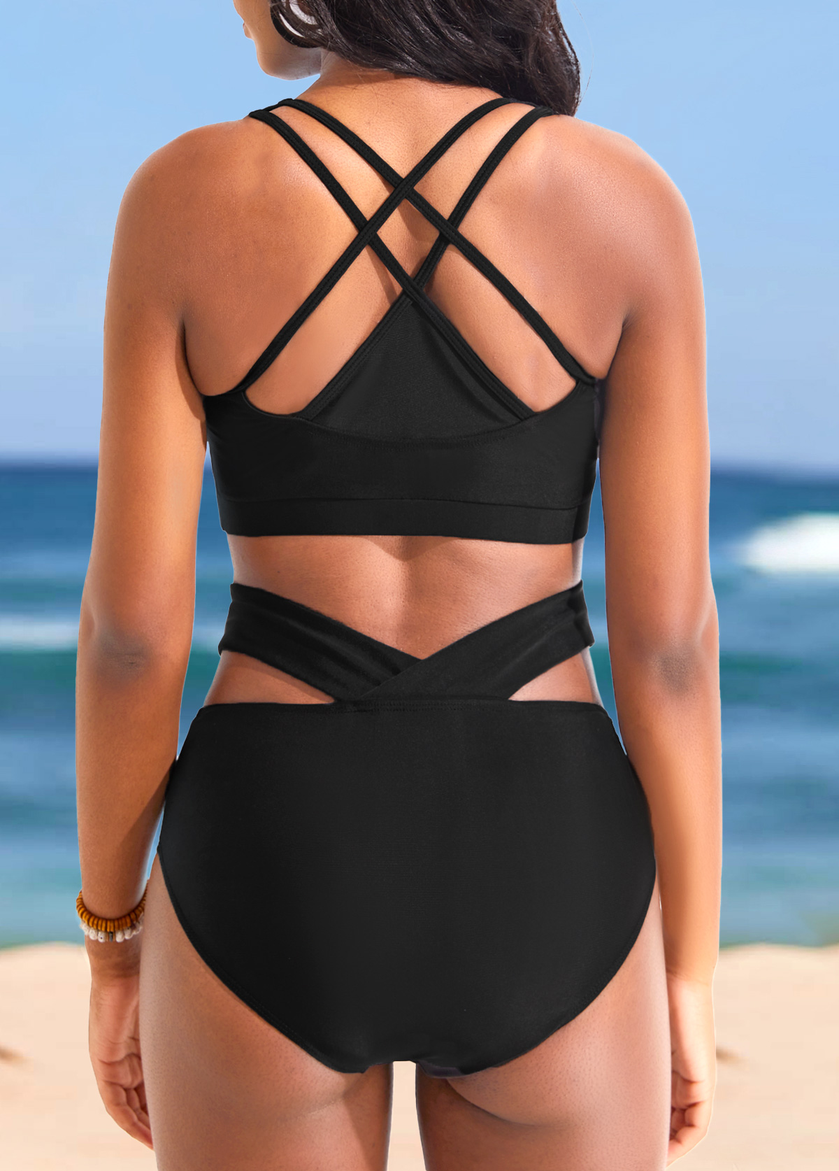 Geometric Print Criss Cross Black Bikini Top