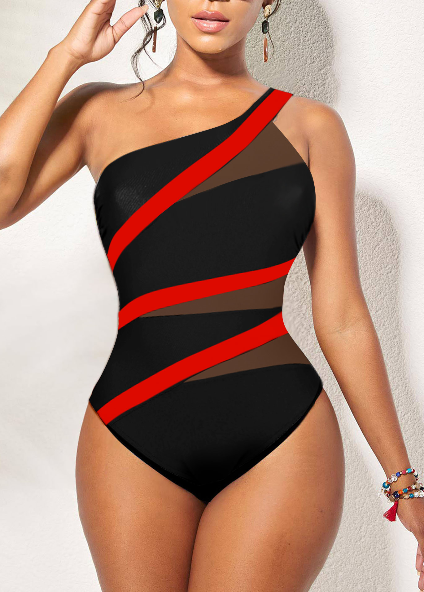 Contrast Asymmetry Black One Piece Swimwear